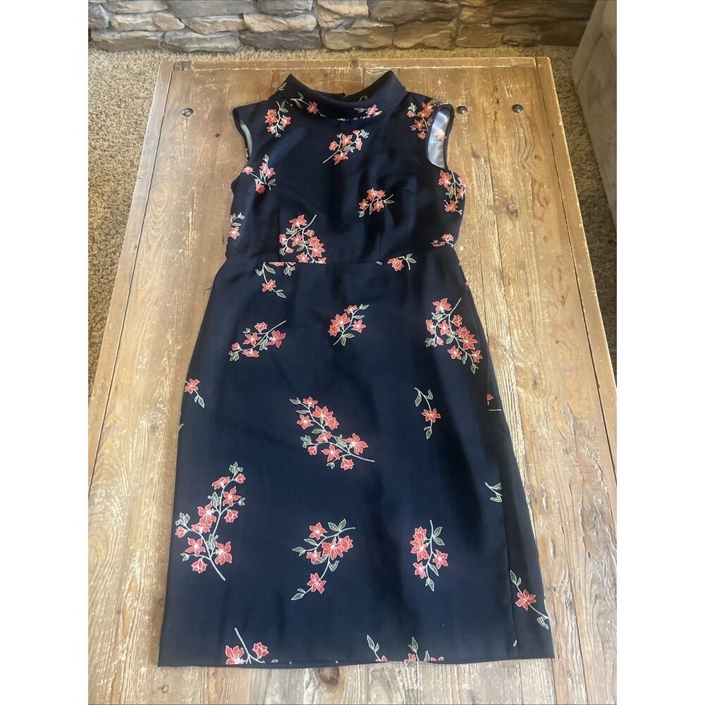 Ann Taylor Shift Dress Womens Sz 8 Sleeveless Collared Knee Length Black Floral